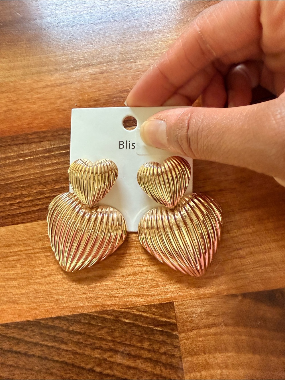 Bliss Gold Ribbed Double Heart Drop Earrings